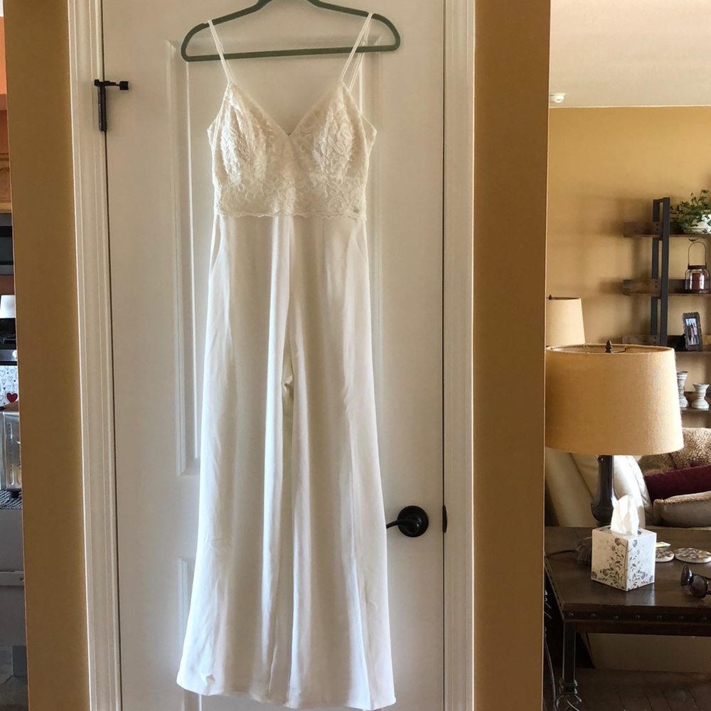Francesca’s white bride bridal shower bachelorette jumpsuit
